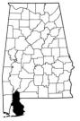 Map of Alabama with the county lines drawn out, Gulf Shores Educational Complex is highlighted.