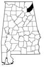 Map of Alabama with the county lines drawn out, Sand Mountain Research and Extension Center is highlighted.