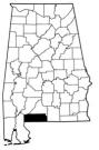 Map of Alabama with the county lines drawn out, Escambia Hope Place Family Resource Ctr is highlighted.