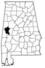 Map of Alabama with the county lines drawn out, Boligee Community Center is highlighted.
