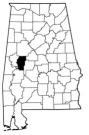 Map of Alabama with the county lines drawn out, Alabama Fish Farming Center is highlighted.