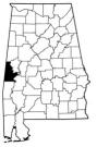 Map of Alabama with the county lines drawn out, Gainesville Municipal Complex is highlighted.